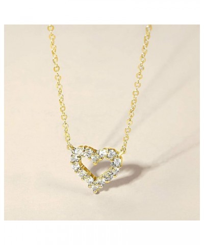 Solid Real Gold Round Diamond Small Tiny Love Open Heart Dainty Pendant Necklace Delicate Valentines Day Jewelry for Women Gi...