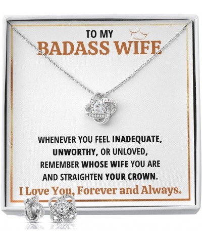 Wife Necklace Gift From Husband To My Badass Wife Crown Love Knot Pendant Valentines Day Anniversary Jewelry with Message Car...