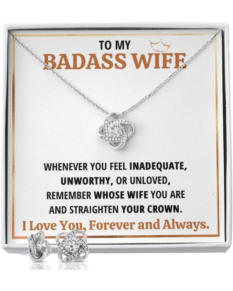 Wife Necklace Gift From Husband To My Badass Wife Crown Love Knot Pendant Valentines Day Anniversary Jewelry with Message Car...