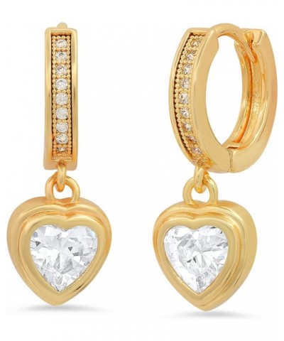 Steeltime Brass Huggie Earrings with Simulated Diamonds Heart / 18K Gold Plated Dangle $11.57 Earrings