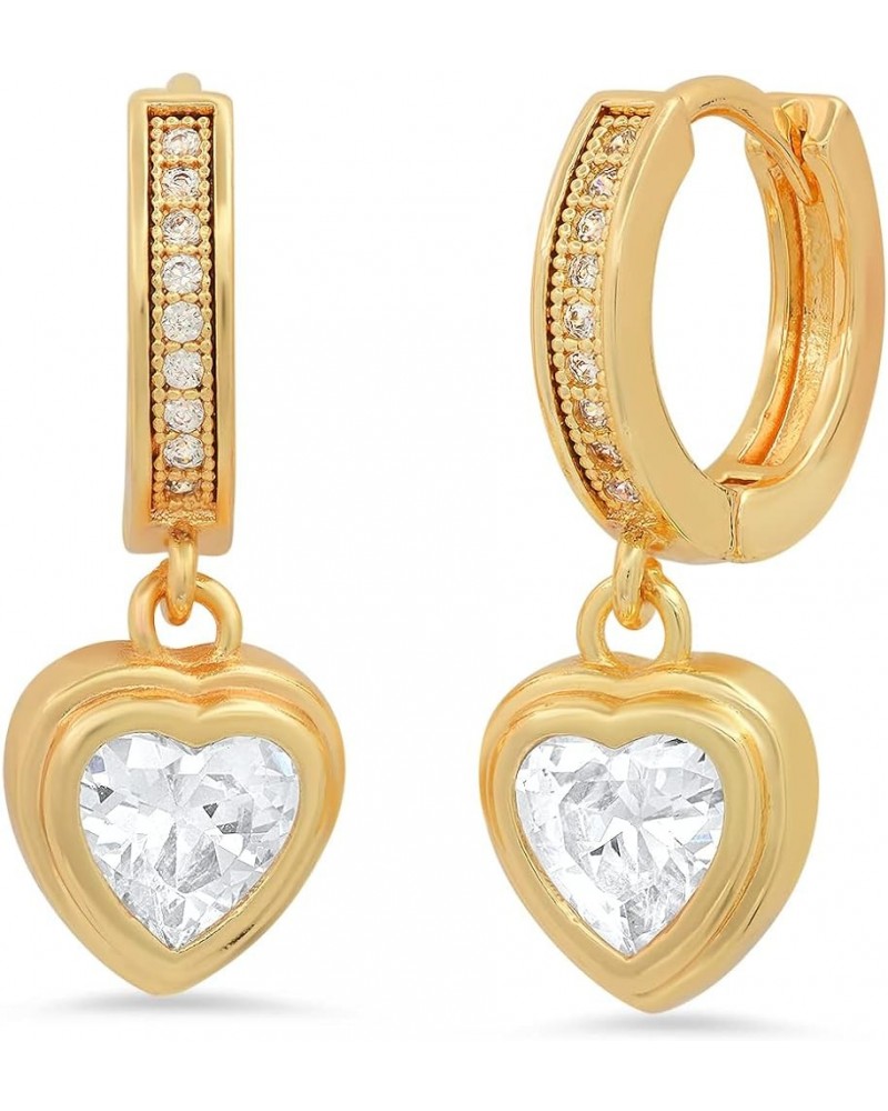 Steeltime Brass Huggie Earrings with Simulated Diamonds Heart / 18K Gold Plated Dangle $11.57 Earrings