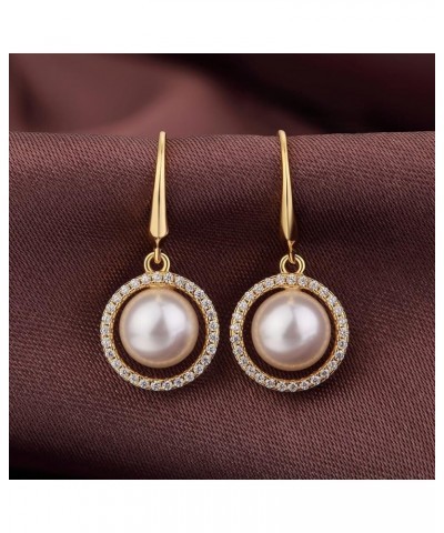 18K White Gold Plated Pearl Hangling Earrings for Women, 925 Sterling Silver Cubic Zirconia Pearl Dangle Drop Earrings with F...