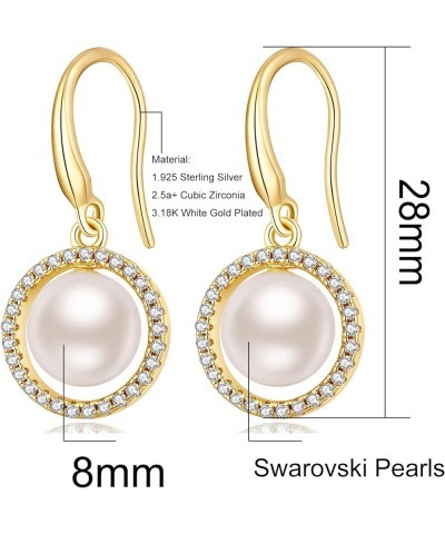 18K White Gold Plated Pearl Hangling Earrings for Women, 925 Sterling Silver Cubic Zirconia Pearl Dangle Drop Earrings with F...