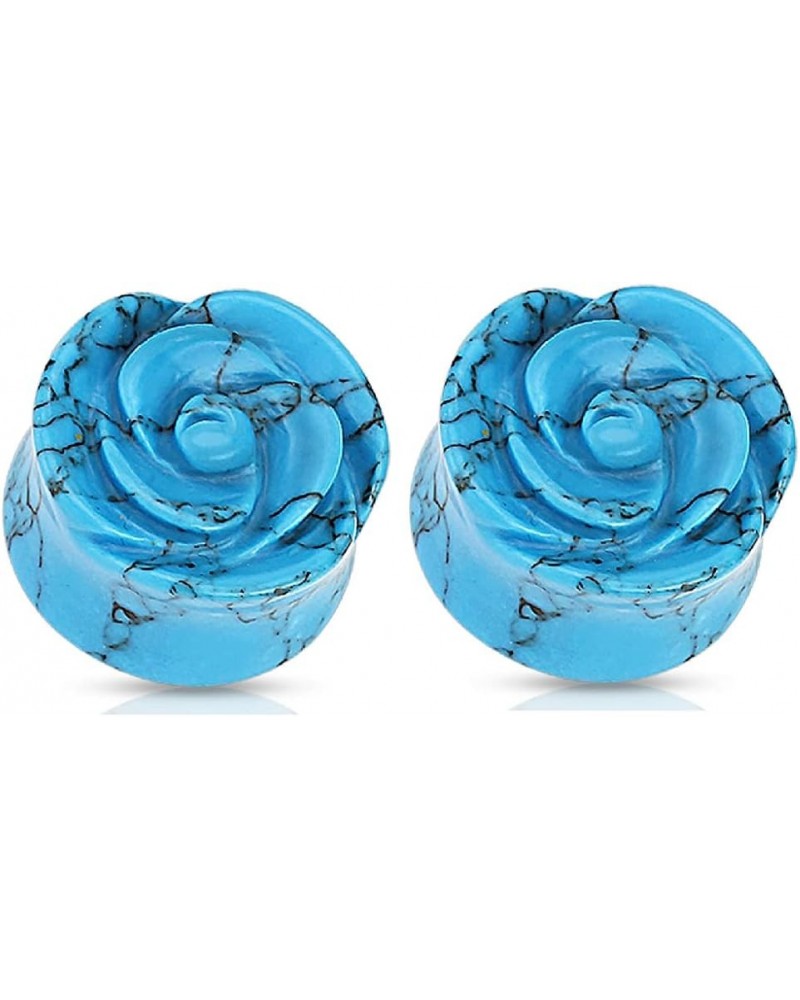 Blue Rose Carved into Turquoise Semi Precious Single Side Double Flared Plugs, Sold as a Pair 18mm (11/16") $12.57 Body Jewelry