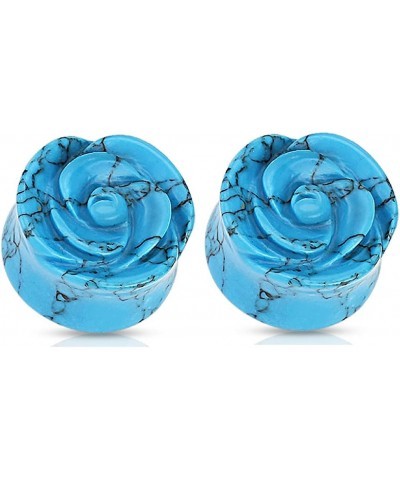 Blue Rose Carved into Turquoise Semi Precious Single Side Double Flared Plugs, Sold as a Pair 18mm (11/16") $12.57 Body Jewelry