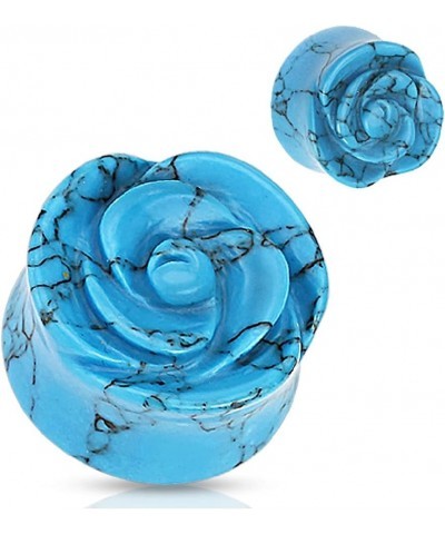 Blue Rose Carved into Turquoise Semi Precious Single Side Double Flared Plugs, Sold as a Pair 18mm (11/16") $12.57 Body Jewelry