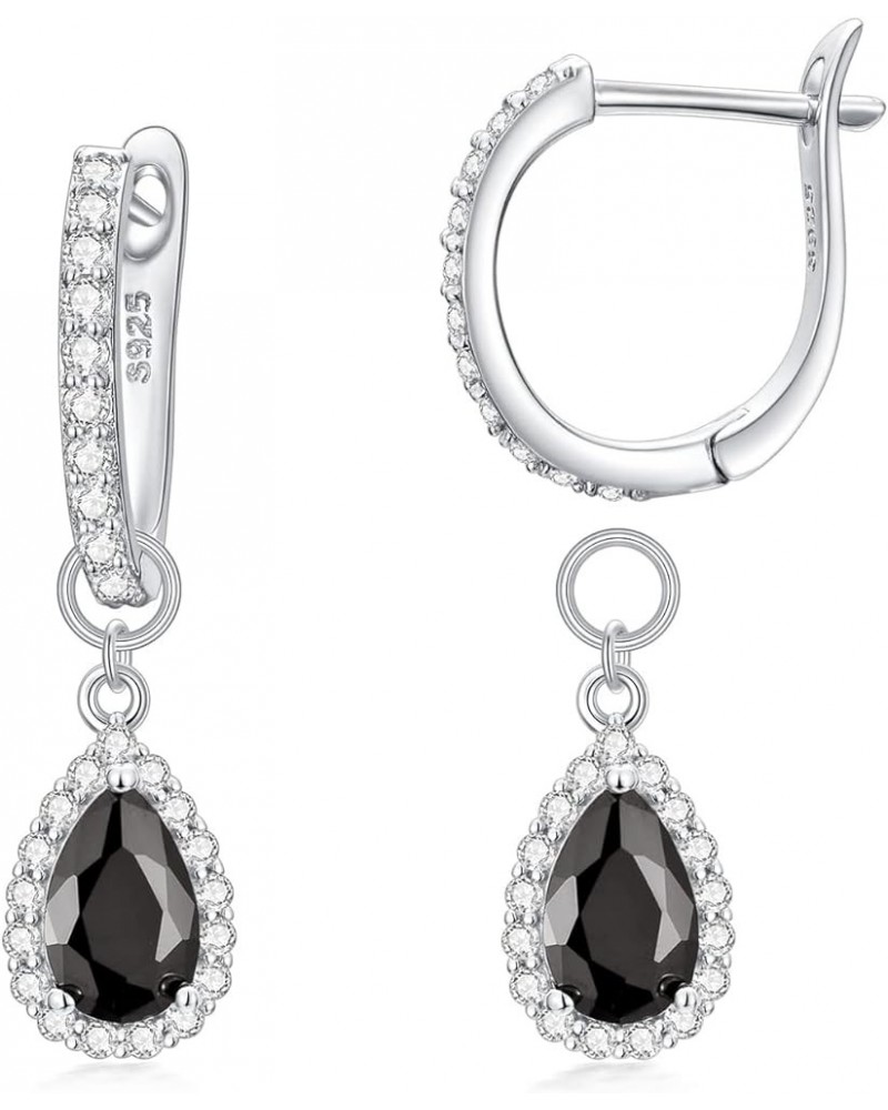 Black Dangle Earrings for Women 925 Sterling Silver Teardrop CZ Drop with 15mm Detachable Hoop Gift for Mother Wife Black-Sil...