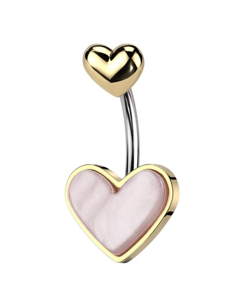 14 Gauge Double Heart Belly Button Ring With Mother of Pearl Heart 316L Stainless Steel Gold/Pink $10.25 Body Jewelry