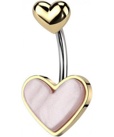 14 Gauge Double Heart Belly Button Ring With Mother of Pearl Heart 316L Stainless Steel Gold/Pink $10.25 Body Jewelry