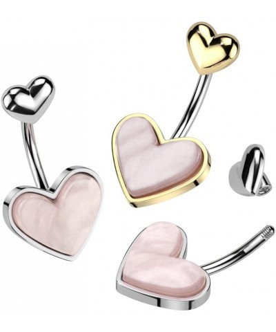 14 Gauge Double Heart Belly Button Ring With Mother of Pearl Heart 316L Stainless Steel Gold/Pink $10.25 Body Jewelry