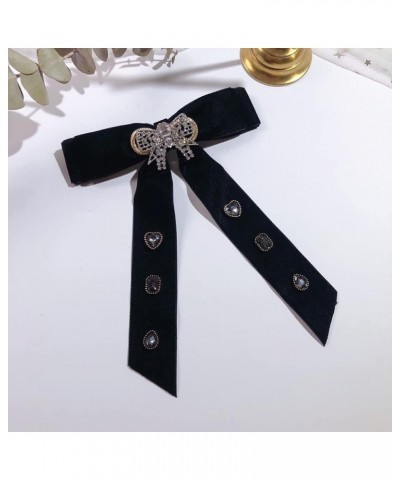 Womens Retro Velvet Ribbon Bow Tie brooch Necktie Rhinestone Preppy Neck Tie Brooch Pin Collar Jewelry for wedding Party Blac...