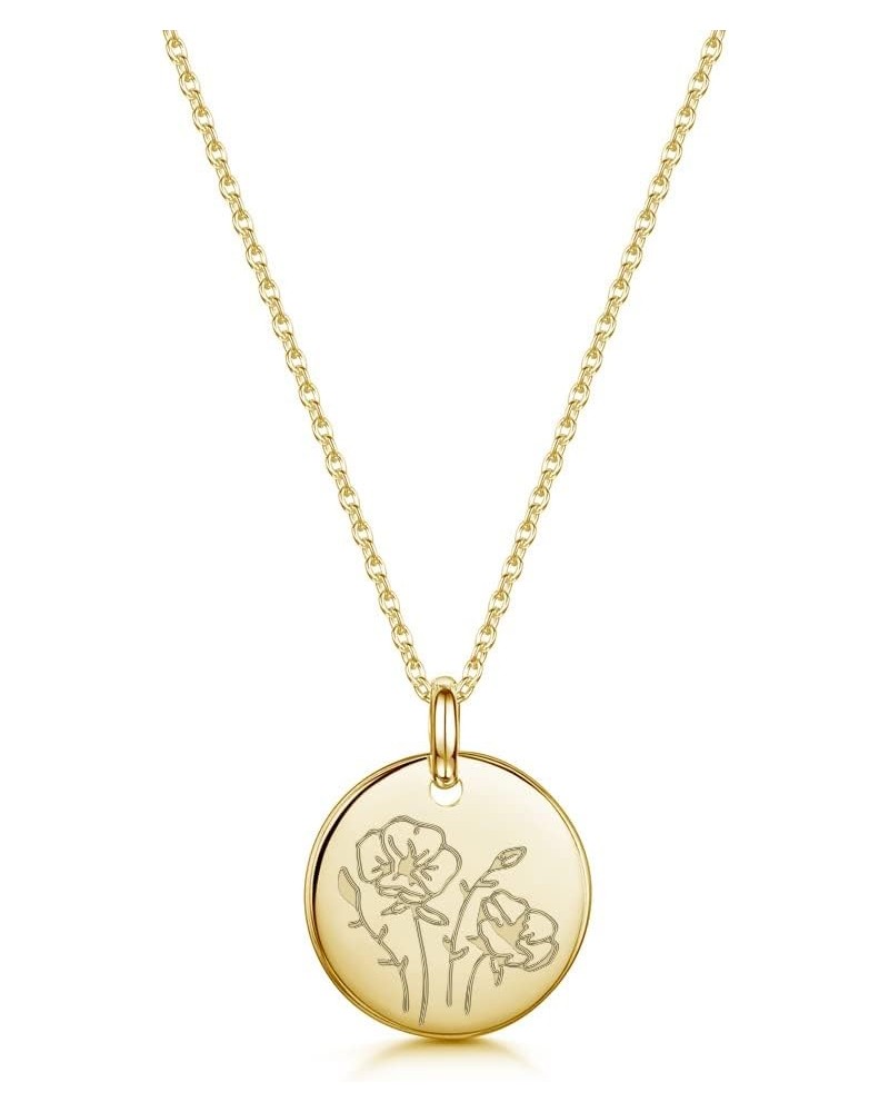 Birth Flower Necklace 18k Gold Engraved Custom Floral Pendant Necklaces Dainty Birth Month Flower Disc Charm Hand Stamped Flo...