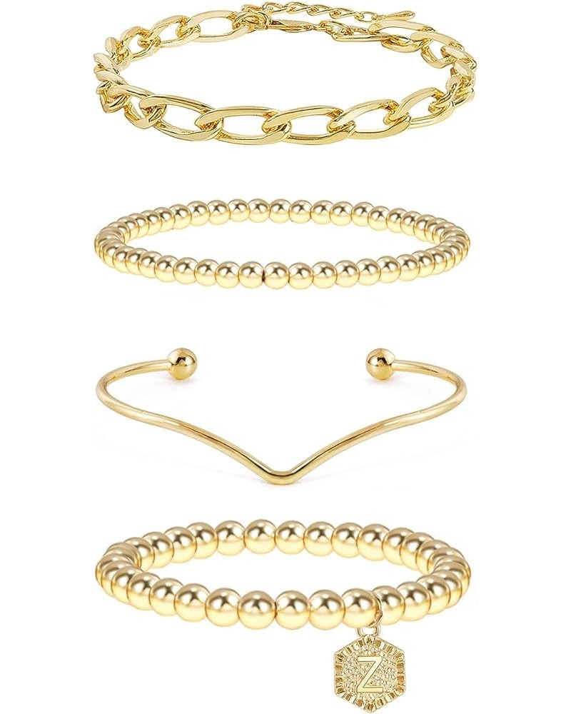 14K Gold Stackable Bead Bracelet Plated Chunky Stretch Bracelets for Women Gift with Initial Hexagon Pendant Z $9.89 Bracelets