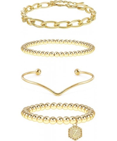 14K Gold Stackable Bead Bracelet Plated Chunky Stretch Bracelets for Women Gift with Initial Hexagon Pendant Z $9.89 Bracelets