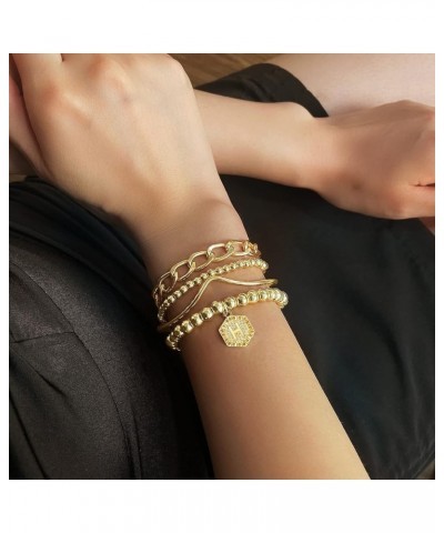 14K Gold Stackable Bead Bracelet Plated Chunky Stretch Bracelets for Women Gift with Initial Hexagon Pendant Z $9.89 Bracelets