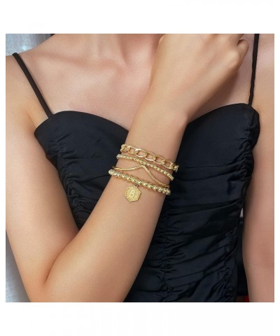 14K Gold Stackable Bead Bracelet Plated Chunky Stretch Bracelets for Women Gift with Initial Hexagon Pendant Z $9.89 Bracelets