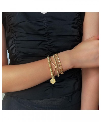 14K Gold Stackable Bead Bracelet Plated Chunky Stretch Bracelets for Women Gift with Initial Hexagon Pendant Z $9.89 Bracelets