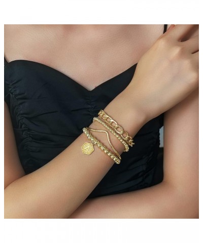 14K Gold Stackable Bead Bracelet Plated Chunky Stretch Bracelets for Women Gift with Initial Hexagon Pendant Z $9.89 Bracelets