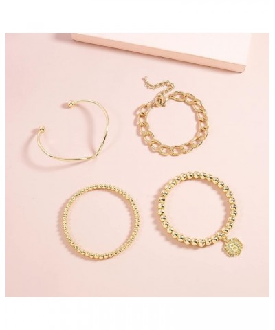 14K Gold Stackable Bead Bracelet Plated Chunky Stretch Bracelets for Women Gift with Initial Hexagon Pendant Z $9.89 Bracelets