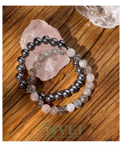 Natural Gem Semi Precious Reiki Healing Crystals Handmade 8mm Round Beads Stretch Bracelet 2 Black Rutilated Quartz + Hematit...