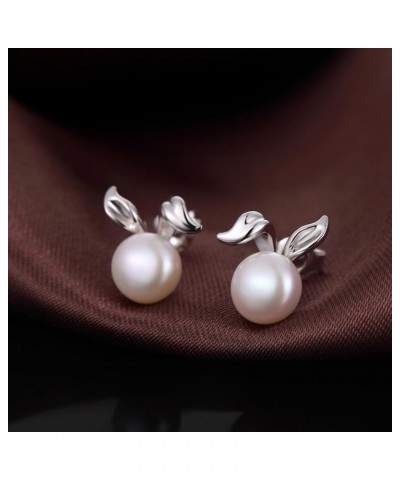 Cat Earrings Silver Cat Pearl Earrings for Women 925 Sterling Silver Cat Ears Stud Earrings with Freshwater Pearl 7.5-8mm Spa...