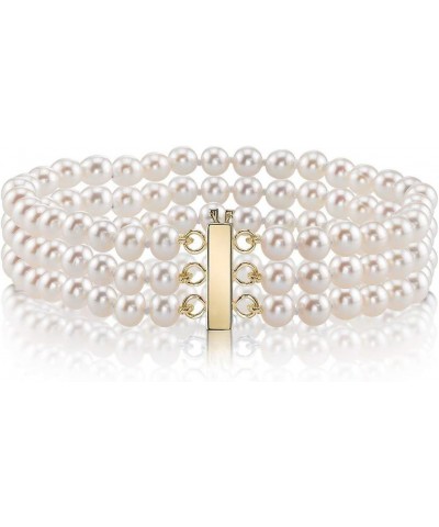 14K Gold 7-8mm AAAA Quality Round White Triple Freshwater Cultured Pearl Bracelet for Women 8.5 Inches Yellow Gold $201.60 Br...