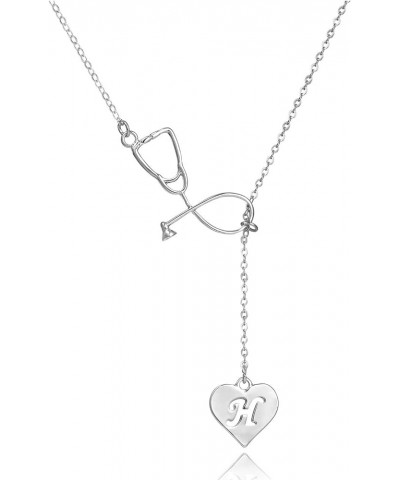 Silver Medicine Stethoscope Heart Initial 26 Alphabet Letter Pendant Necklace for Women Enamel Nurse Gift H $8.39 Necklaces