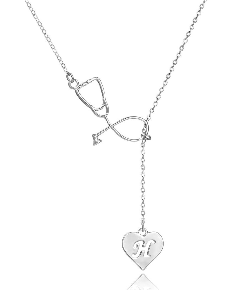 Silver Medicine Stethoscope Heart Initial 26 Alphabet Letter Pendant Necklace for Women Enamel Nurse Gift H $8.39 Necklaces