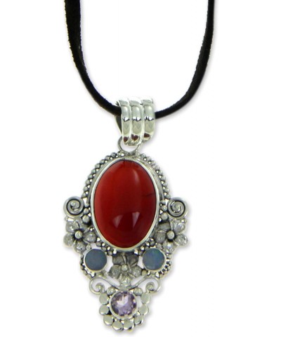 Handmade Carnelian Opal Pendant Necklace Floral with Amethyst .925 Sterling Silver Multicolor Purple Red Blue Cord Indonesia ...