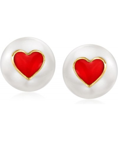 8.5-9mm Cultured Pearl and Red Enamel Heart Stud Earrings in Sterling Silver and 14kt Yellow Gold $45.88 Earrings