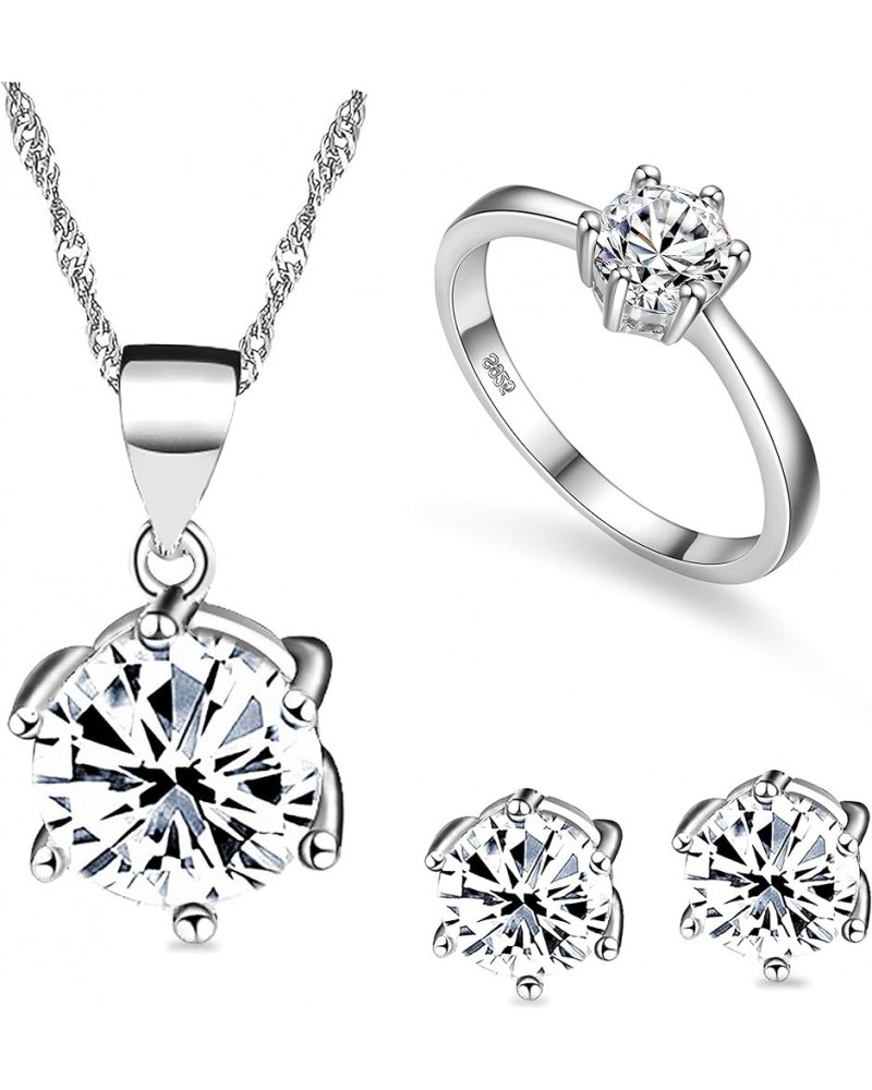 Silver-Tone Round Cut Cubic Zirconia Simple Earrings Ring and Pendant Necklace Jewelry Set T043 Set with Ring Size 5 $7.50 Je...