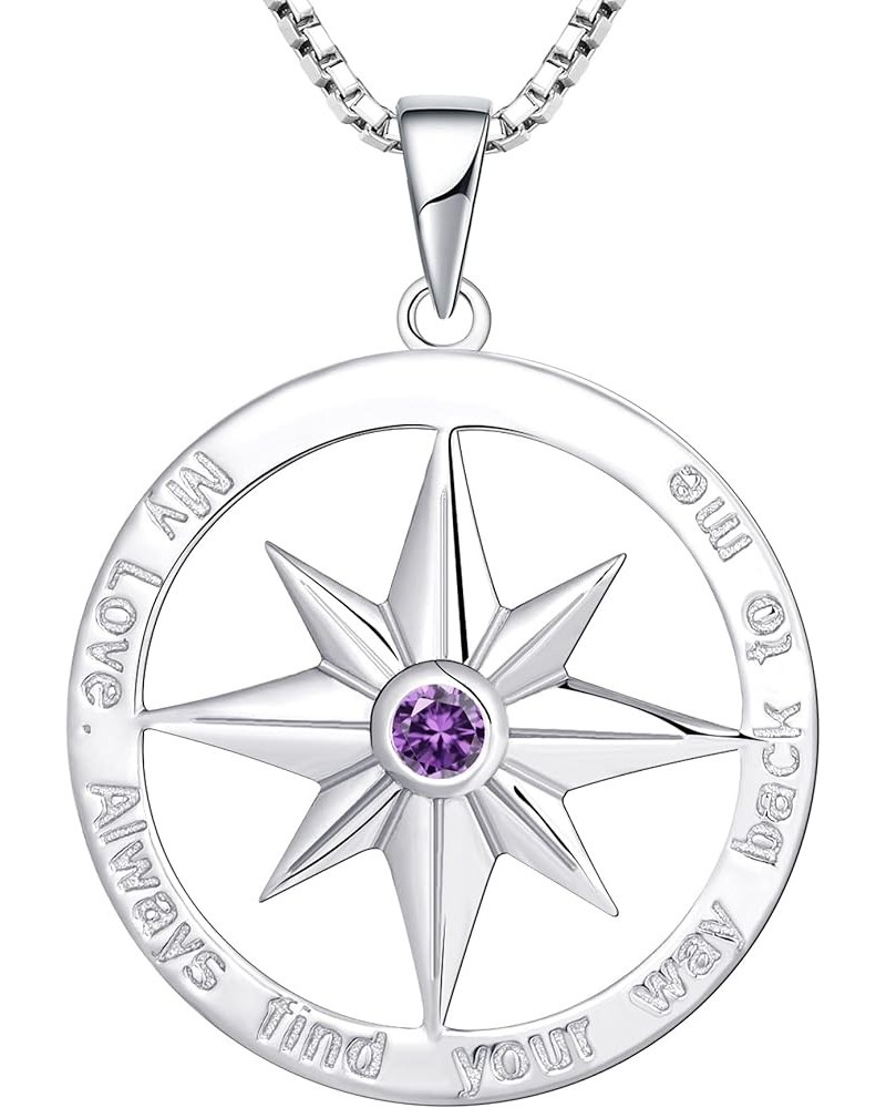 Compass Necklace 925 Sterling Silver Find Your Way Back Vintage Nautical Charm Pendant for Women 02-amethyst-Feb Sterling Sil...