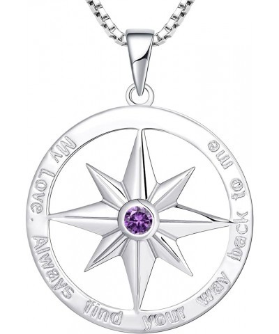 Compass Necklace 925 Sterling Silver Find Your Way Back Vintage Nautical Charm Pendant for Women 02-amethyst-Feb Sterling Sil...