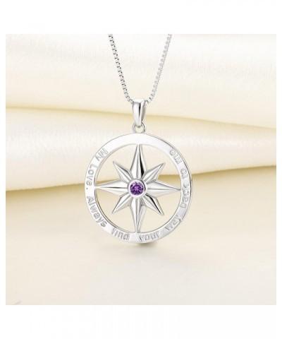 Compass Necklace 925 Sterling Silver Find Your Way Back Vintage Nautical Charm Pendant for Women 02-amethyst-Feb Sterling Sil...