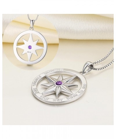 Compass Necklace 925 Sterling Silver Find Your Way Back Vintage Nautical Charm Pendant for Women 02-amethyst-Feb Sterling Sil...