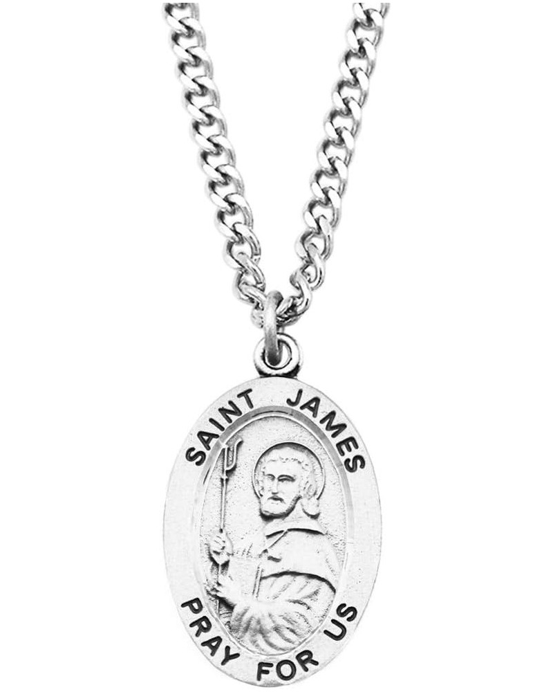 Religious Saint Medal Pendant On Claspless Stainless Steel Curb Chain Necklace With Biography And Picture Folder, 24 St James...