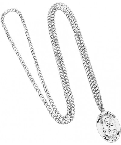 Religious Saint Medal Pendant On Claspless Stainless Steel Curb Chain Necklace With Biography And Picture Folder, 24 St James...