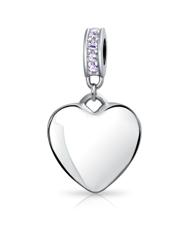 Engravable Initial Monogram Crystal Accent Bale Dangle Heart Shaped Charm Bead For Women Teen .925 Sterling Silver European B...