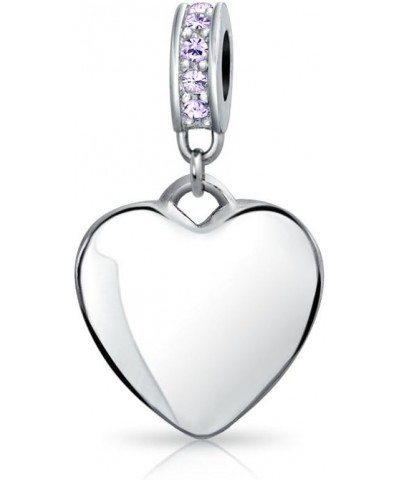 Engravable Initial Monogram Crystal Accent Bale Dangle Heart Shaped Charm Bead For Women Teen .925 Sterling Silver European B...