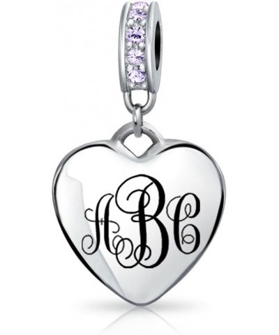 Engravable Initial Monogram Crystal Accent Bale Dangle Heart Shaped Charm Bead For Women Teen .925 Sterling Silver European B...