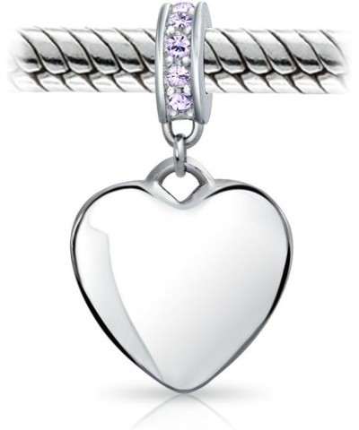 Engravable Initial Monogram Crystal Accent Bale Dangle Heart Shaped Charm Bead For Women Teen .925 Sterling Silver European B...