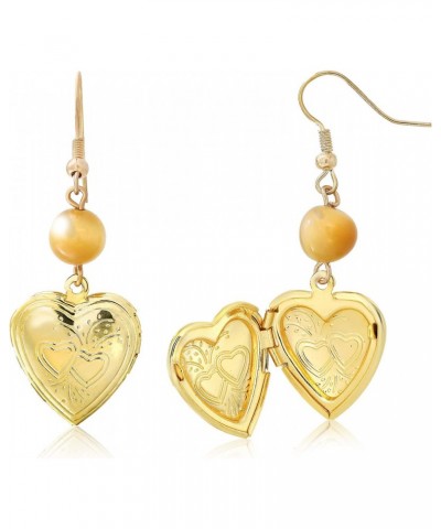 Stunning Gold Tone Open Heart Shape Locket with Round Tiger Eye Dangle Earrings $6.88 Earrings