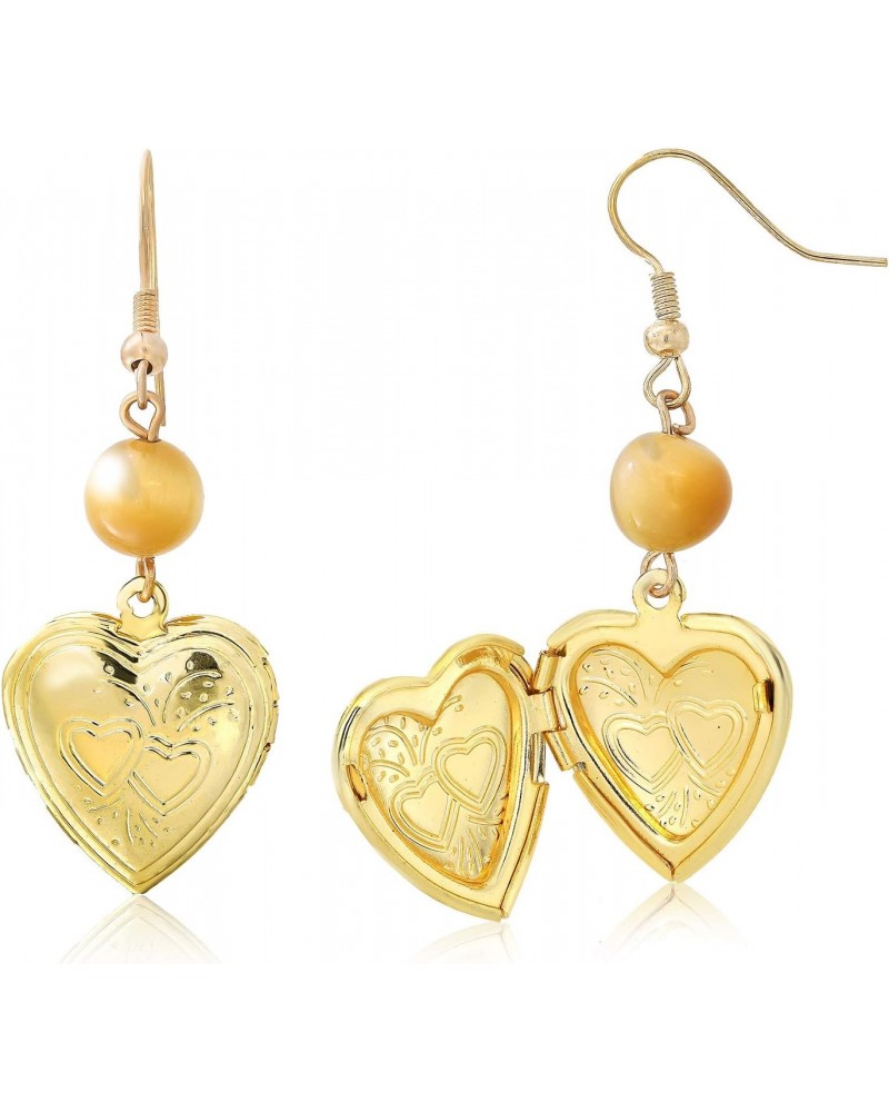 Stunning Gold Tone Open Heart Shape Locket with Round Tiger Eye Dangle Earrings $6.88 Earrings