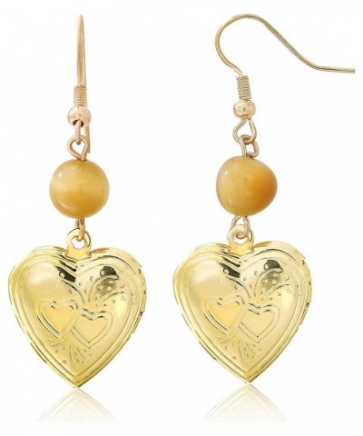 Stunning Gold Tone Open Heart Shape Locket with Round Tiger Eye Dangle Earrings $6.88 Earrings