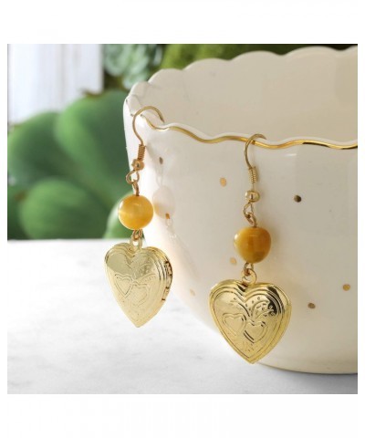 Stunning Gold Tone Open Heart Shape Locket with Round Tiger Eye Dangle Earrings $6.88 Earrings