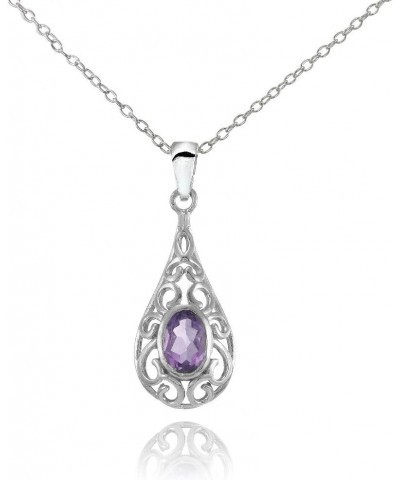 Sterling Silver Gemstone Oval Filigree Teardop Necklace Amethyst $15.40 Necklaces