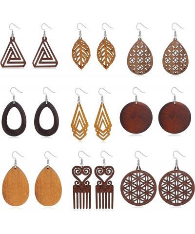 9 Pairs Wooden Earrings Natural Wood Dangle Earrings Lightweight Teardrop Earrings African Ethnic Statement Drop Earrings for...