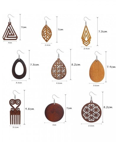 9 Pairs Wooden Earrings Natural Wood Dangle Earrings Lightweight Teardrop Earrings African Ethnic Statement Drop Earrings for...