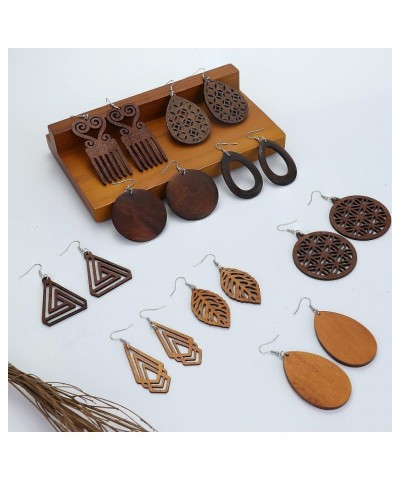 9 Pairs Wooden Earrings Natural Wood Dangle Earrings Lightweight Teardrop Earrings African Ethnic Statement Drop Earrings for...