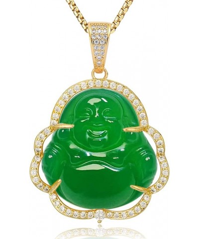 Laughing Buddha Necklace Jade Buddha Pendant with 18k Gold Plated Chain Lucky Buddah Neckless for Women Men Gold-Green 24 Inc...